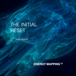 Blue-turquoise dynamic energy field with the text “The Initial Reset – 30 min session”. Abstract particles forming flowing waves, representing a structural energetic reset.